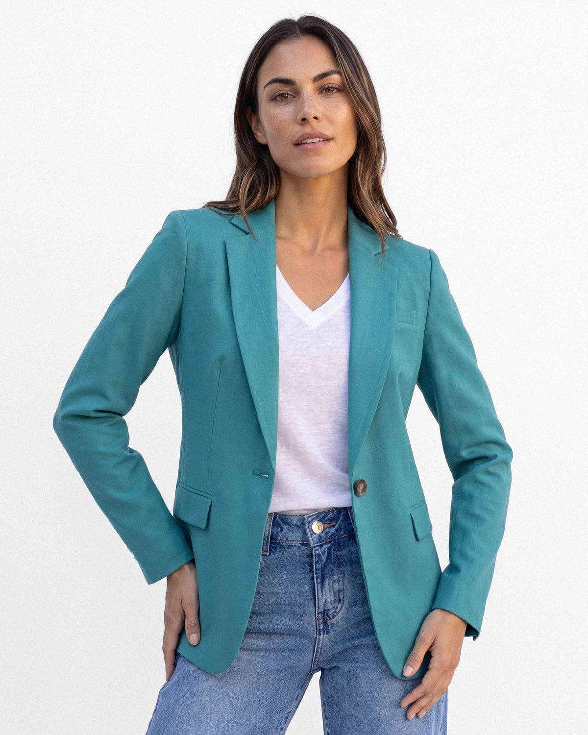 Chaqueta Alana Lino Modi, color turquesa