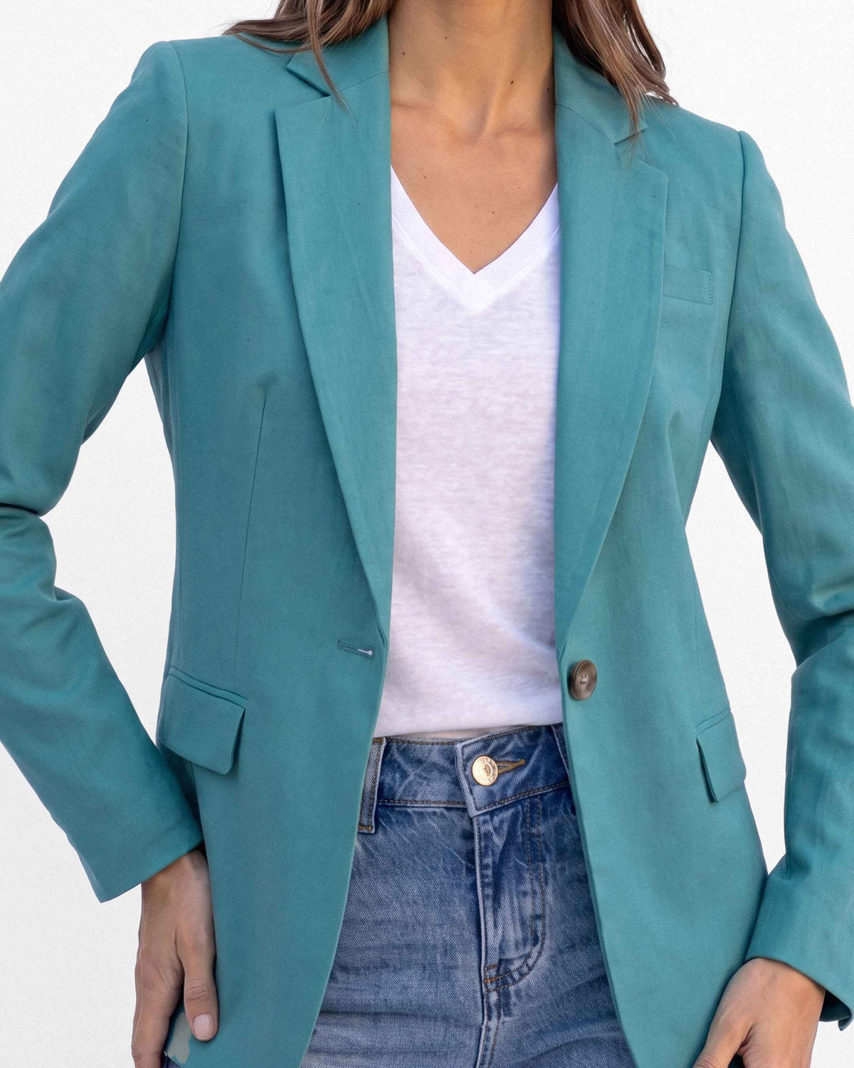 Chaqueta Alana Lino Modi, color turquesa