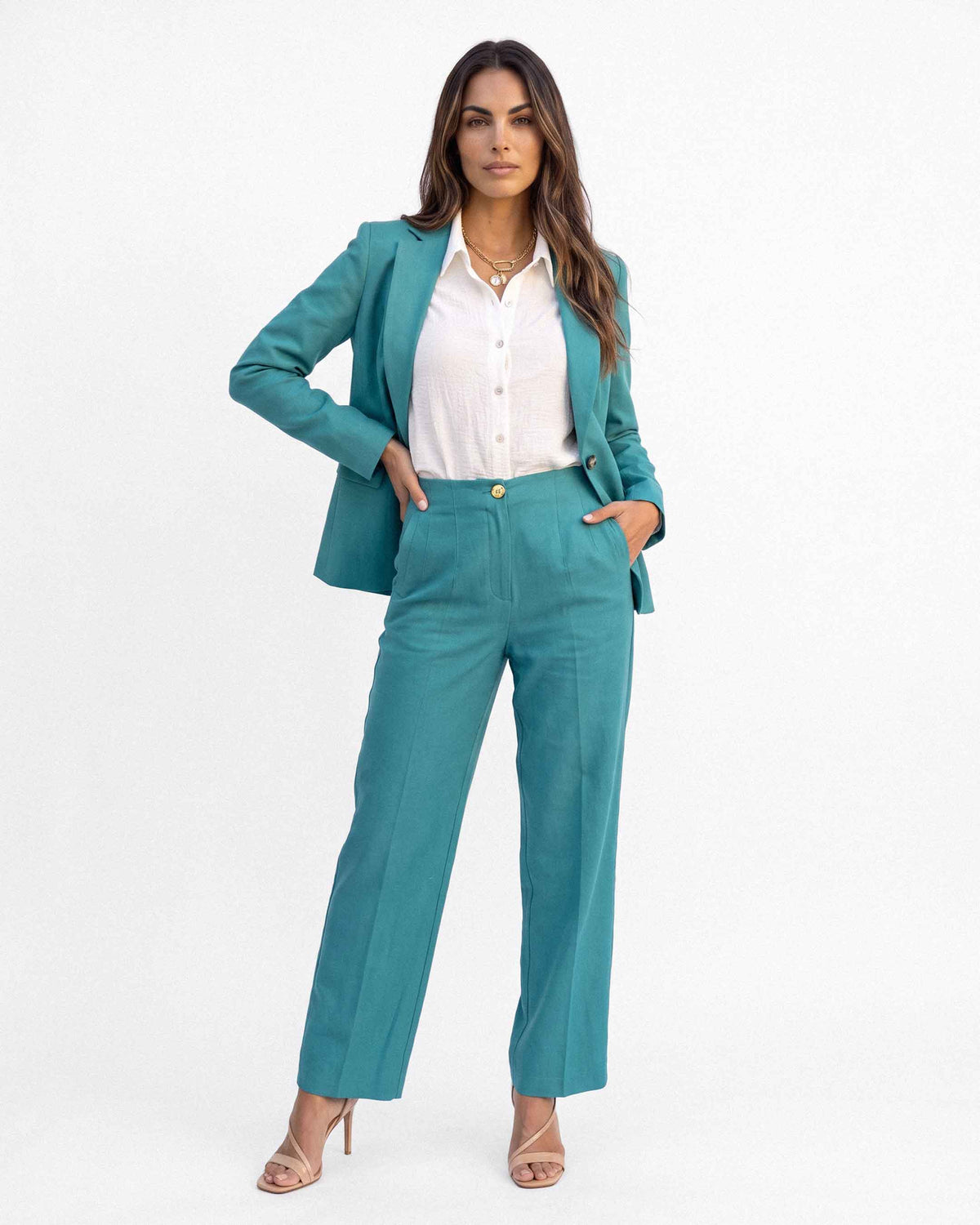 Chaqueta Alana Lino Modi, color turquesa