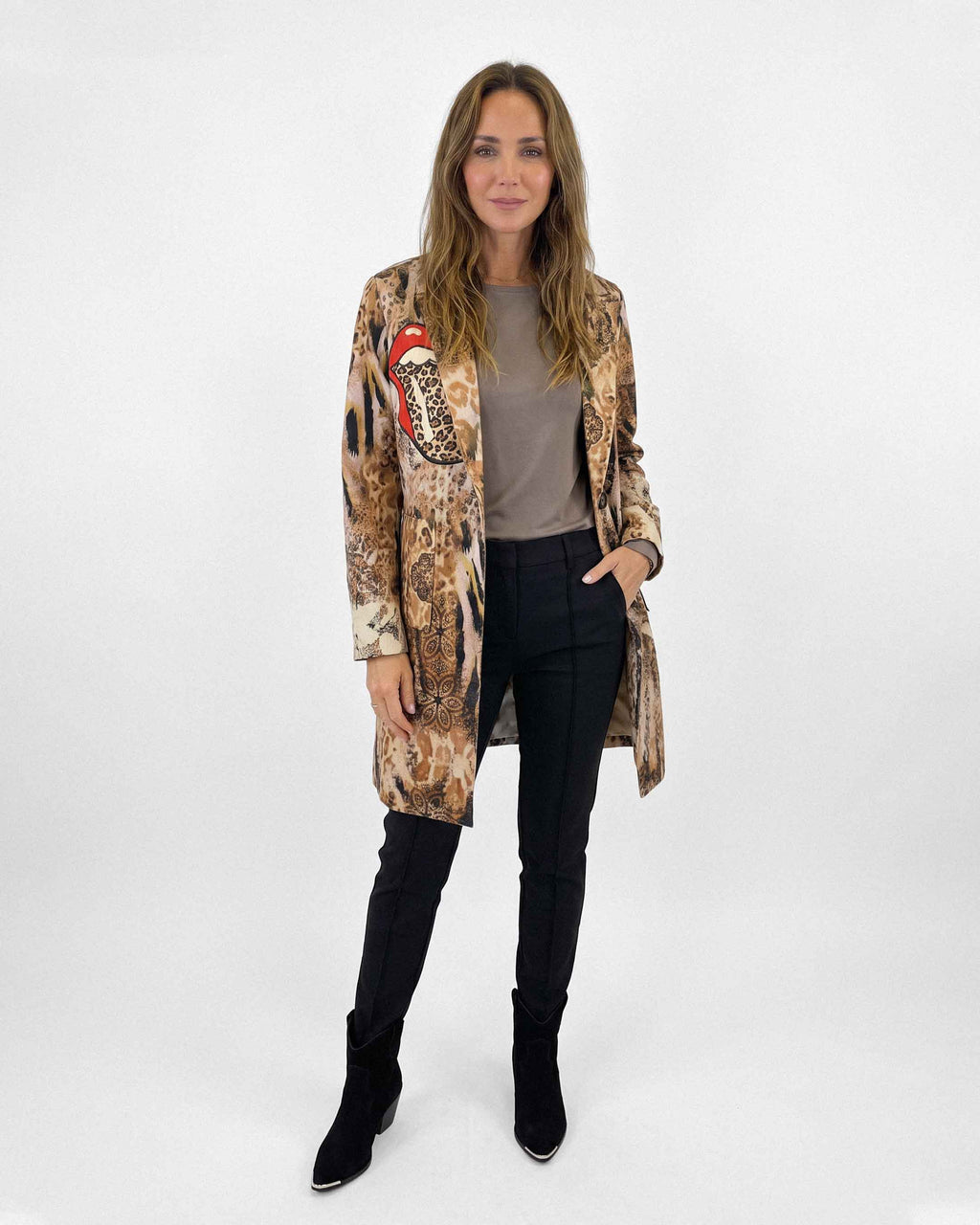 Chaqueta Larga Print, color beige