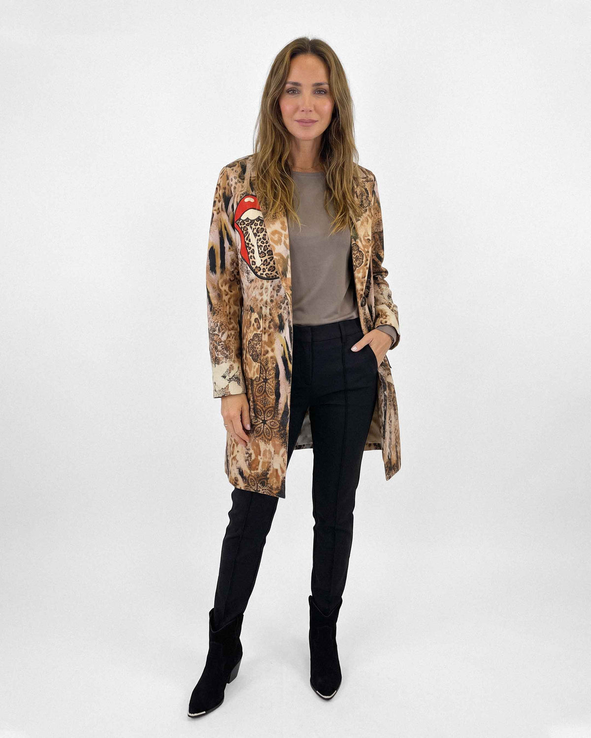 Chaqueta Larga Print, color beige
